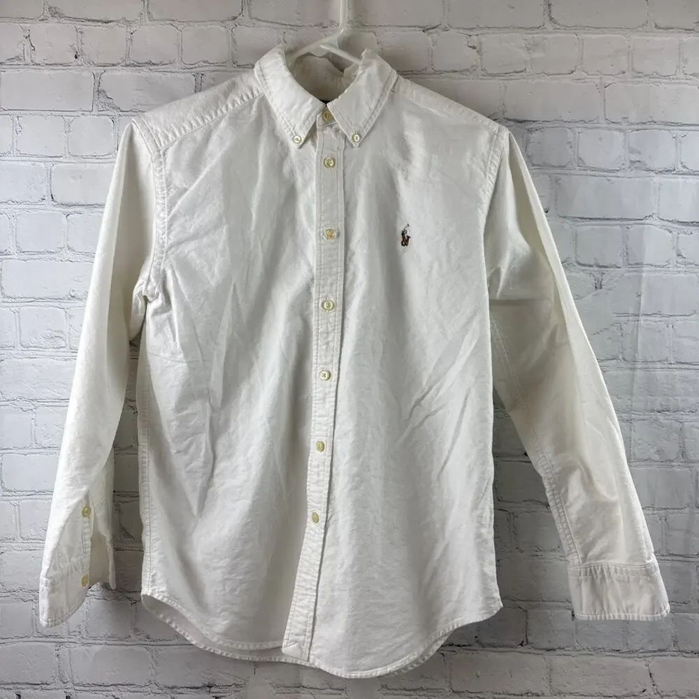 Ralph Lauren Boys 14 White Solid Long Sleeve Button Down Shirt